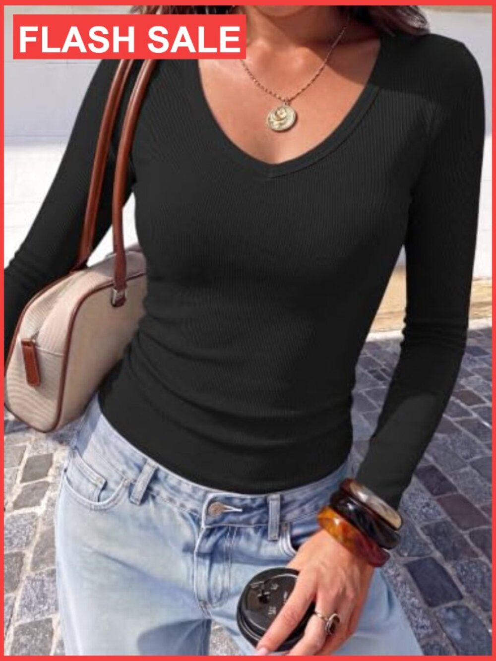 Slim Fit V-Neck Long Sleeve Tee Women's Casual Basic Top - Picture 3 of 7